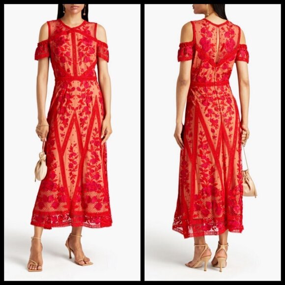 💕MARCHESA💕 Cold-Shoulder Guipure Lace-Trimmed Embroidered Tulle Midi Dress Red - Picture 4 of 16